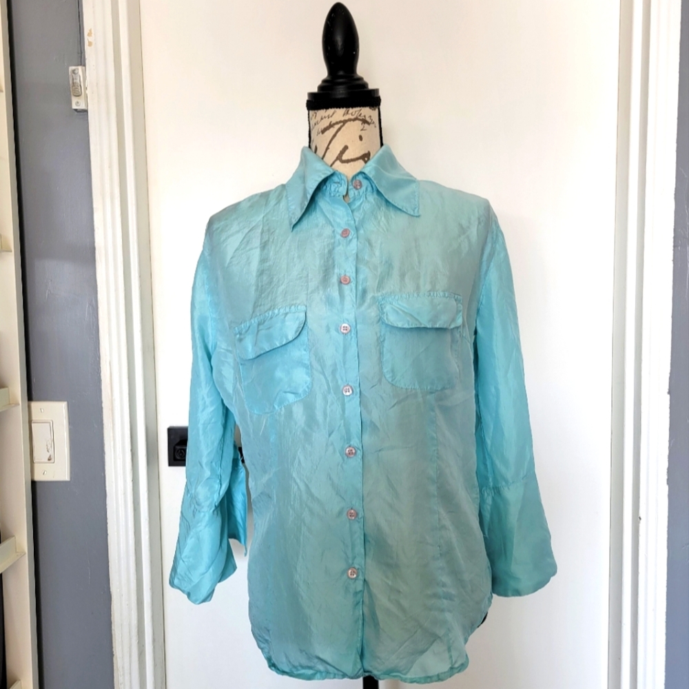 Vintage 100% Silk Baby Blue Roll-up Sleeves Button Down Shirt Top Size M